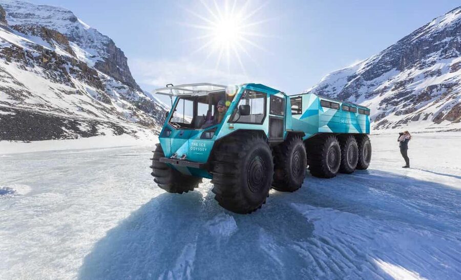 Columbia Icefield: Ice Odyssey Glacier Experience - The drive on the blue all-terrain fat truck