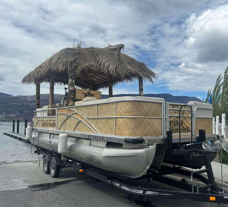 Kelowna: Tiki Party Yacht Rental - The Boat Setup: Life Jackets, USB Ports, and Tiki Style