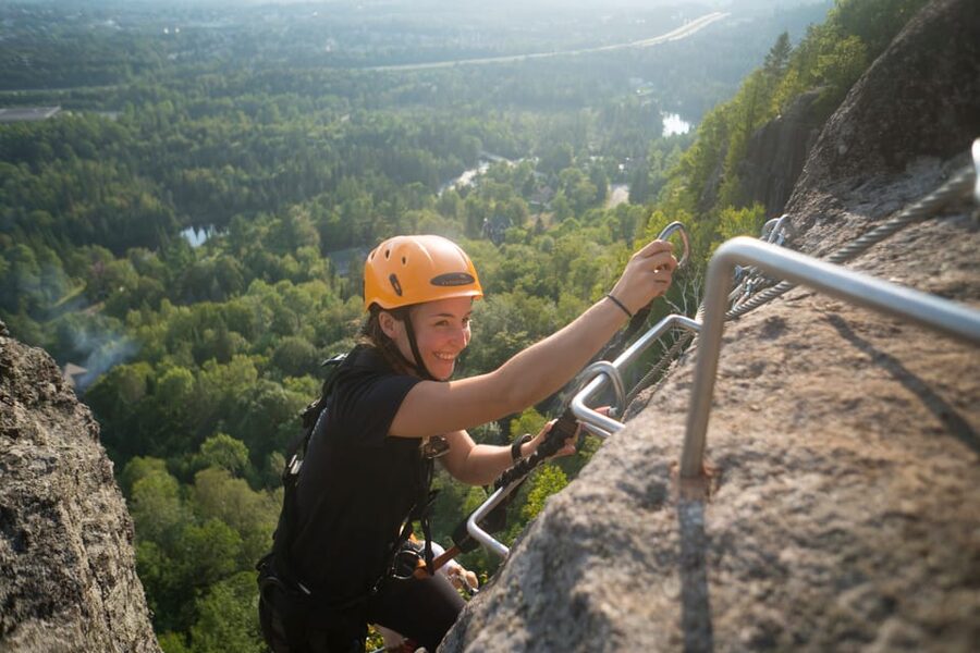 Tyroparc: Via Ferrata and Hiking in the Laurentians - Entering the Via Ferrata wall, secured by anchors and steel cables